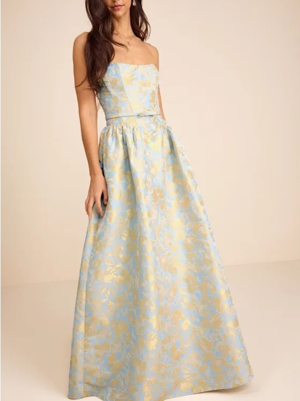 Lulu's Strapless Light Blue and Gold Floral Jacquard Maxi Gown